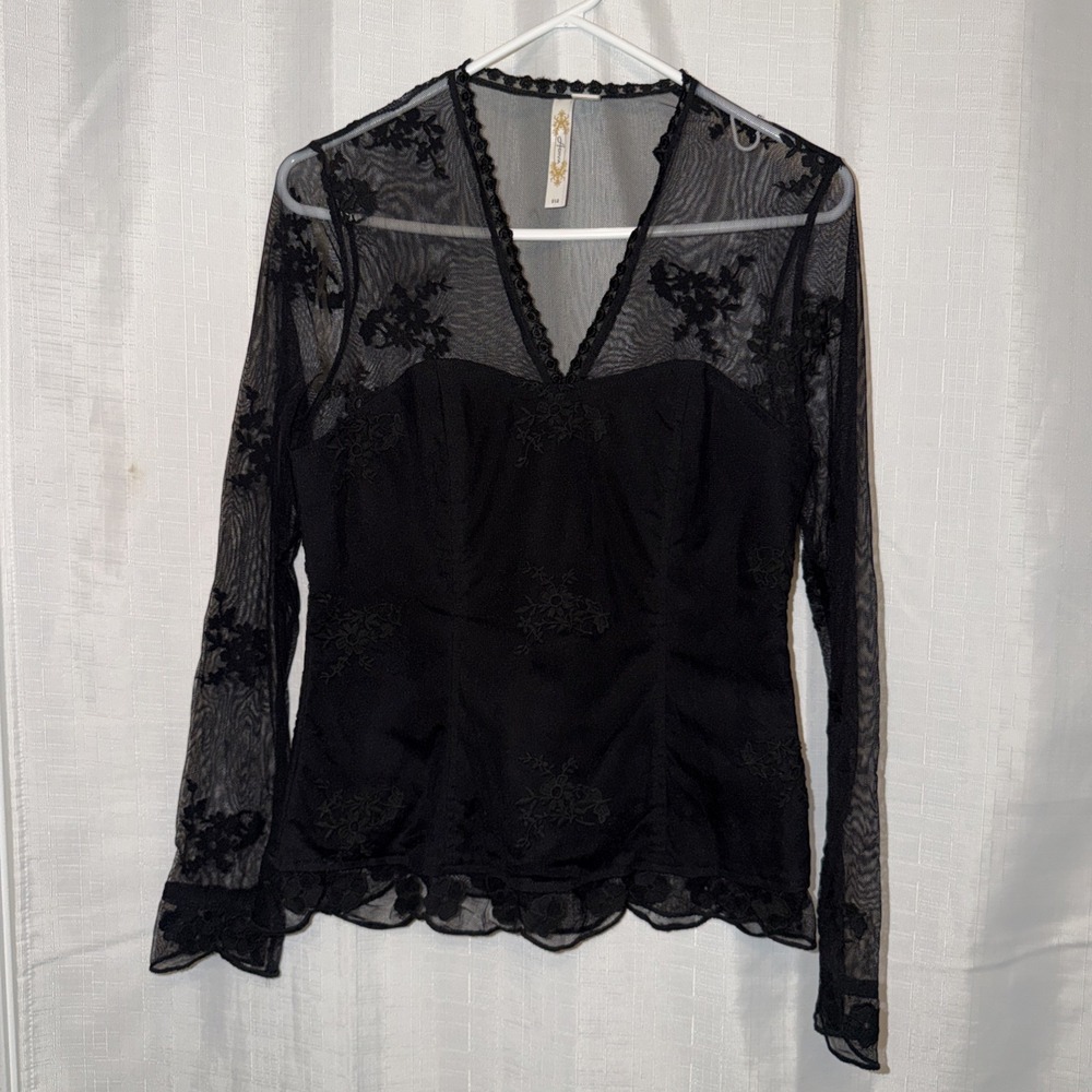 Adiva Black Corset Look Sheer Lace Top Witchy Romantic Whimsygoth Boho Goth USA - Picture 2 of 13